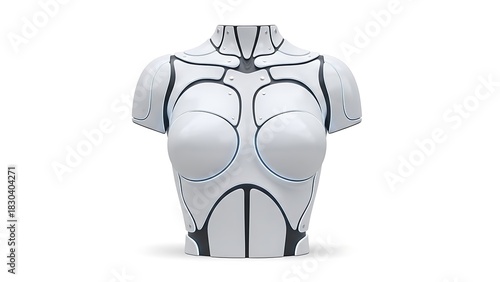 White futuristic female robot torso with sleek design and intricate paneling, representing advanced ai
