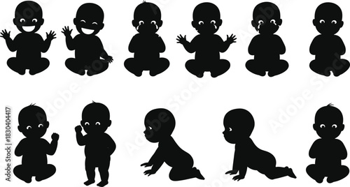 Baby silhouettes, infant poses, sitting baby, crawling baby, standing baby, toddler silhouettes, child expressions, baby posture, newborn outline, infant emotional development