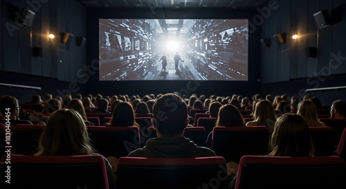 Wallpaper Mural Audience Watching Dramatic Film Projection in Modern Cinema with Bright Screen Lighting and Silhouetted Figures in an Engaging Movie Experience Torontodigital.ca