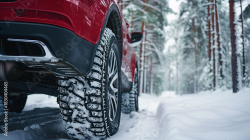 Winter car tyres on a snowy road. The car is on a winter road with falling snow