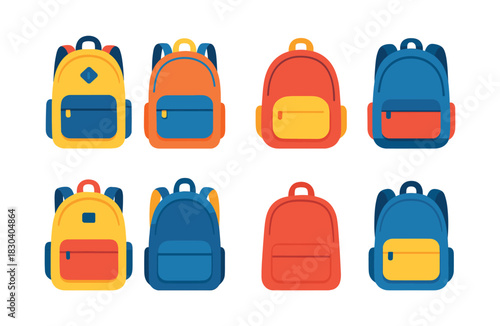 Colorful backpacks set, flat vector illustration, school bags, travel gear