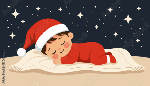 Cute infant sleeping on a blanket wearing a Santa hat at night  