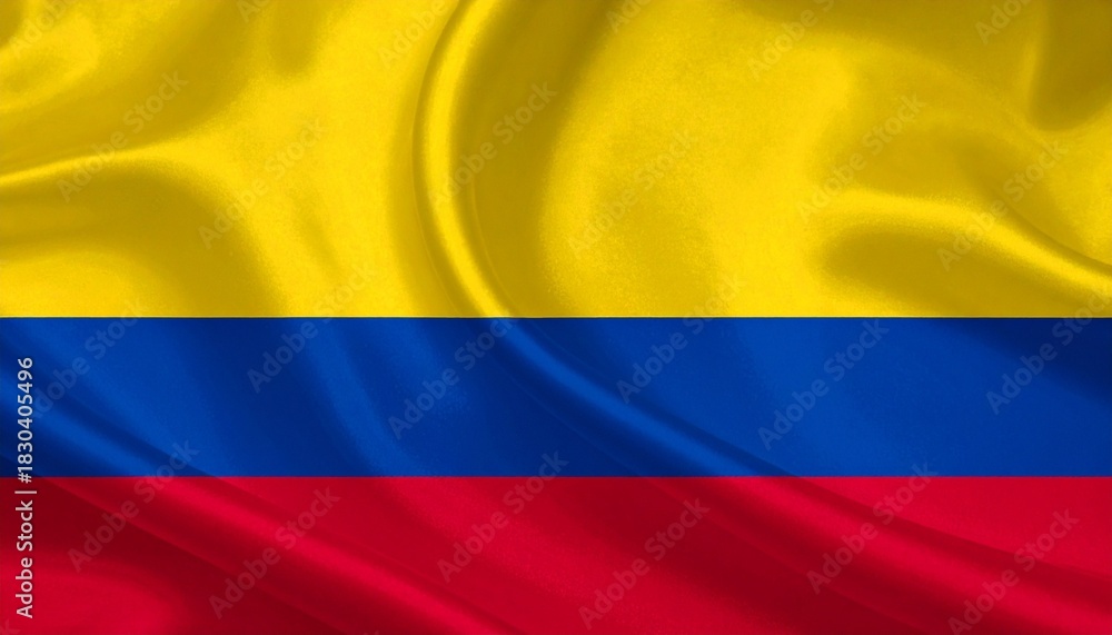 Fototapeta premium Colombia flag with yellow, blue, and red horizontal stripes, fabric texture and folds.