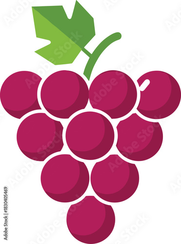 Flat Design Red Grape Cluster Vector Illustration with Leaf and Stem, Depicting a Ripe Fruit Bunch, Ideal for Wine, Harvest, Food, and Natural Product Concepts in a Modern Graphic Style