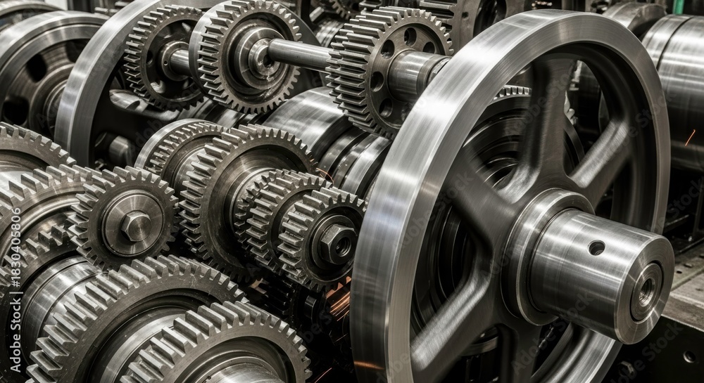 Fototapeta premium Gear System: A complex network of interlocking gears and cogs, a testament to mechanical precision and engineering prowess.