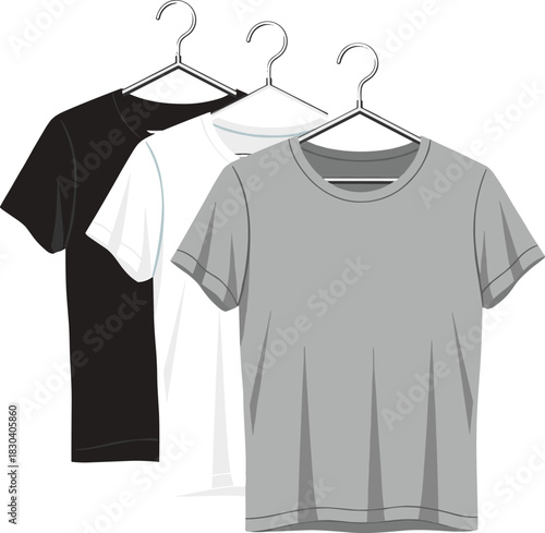 Realistic T-Shirt Template Vector Illustration Set Depicting Three Plain Shirts in Black, White, and Gray on Metal Hangers, Ideal for Apparel Mockups, Fashion, and Retail Design