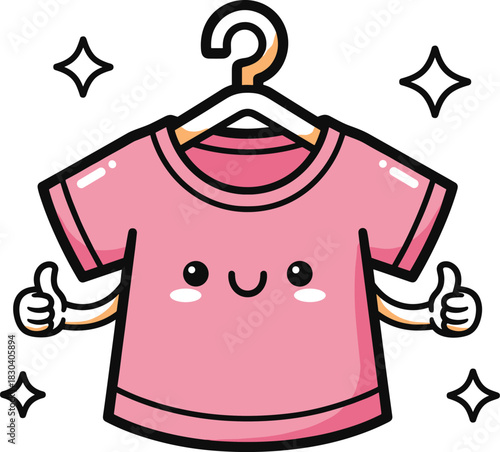 Cute Kawaii T-Shirt Mascot Vector Illustration on a Hanger, Giving Thumbs Up and Sparkling, Ideal for Laundry, Dry Cleaning Service, Freshness, and Clean Clothes Concepts