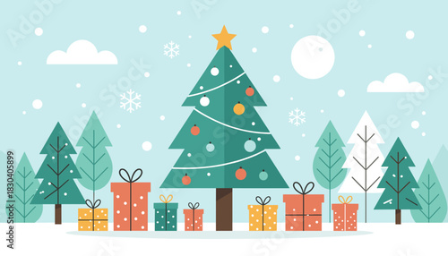 Festive Christmas tree decorated with gifts in winter landscape  