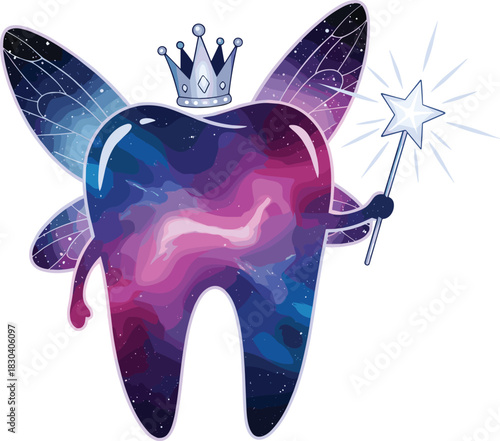 Cosmic Tooth Fairy Character Vector Illustration Depicting a Molar Filled with Nebula and Galaxy Textures, Wearing a Crown and Holding a Magic Wand for Dental, Fantasy, and Space Concepts