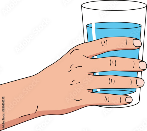 Cartoon Hand Holding a Glass of Blue Water Vector Illustration Depicting Hydration, Refreshment, and Thirst Quenching in a Simple, Outlined Graphic Style for Health Concepts