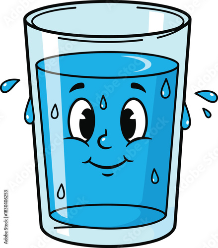Happy Glass of Water Cartoon Character Vector Illustration with Sweat Drops, Depicting Hydration, Refreshment, and Thirst Quenching in a Fun, Child-Friendly Graphic Style