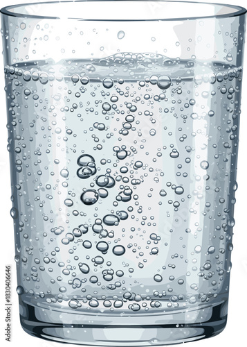 Hyper-Realistic Glass of Carbonated Water Vector Illustration Featuring Detailed Bubbles and Clear Liquid, Emphasizing Freshness and Hydration for Beverage and Health Concepts
