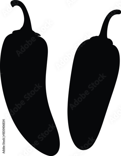 Two chili pepper silhouettes, black and white vector illustration, spicy food icon, vegetable shape design template, botanical cooking ingredient art