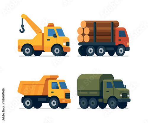 Construction and transport vehicles, flat vector illustration of trucks and machinery