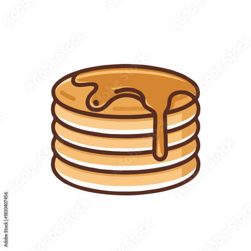 Delicious stack of golden brown pancakes with sweet syrup dripping down the sides isolated on white background