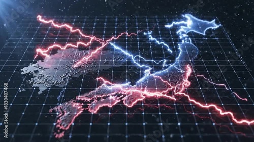 Digital map of Japan illuminated by dynamic red and blue lightning flashes across a dark grid background symbolizing energy or disaster