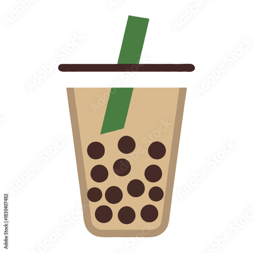 A refreshing bubble tea drink with tapioca pearls and a green straw in a clear plastic cup isolated on white background