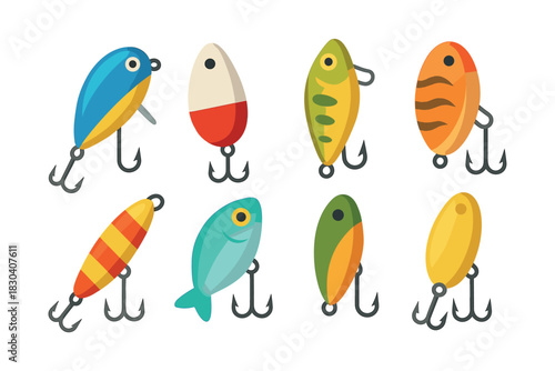 Fishing lure set, hooks, bait designs, flat vector illustration