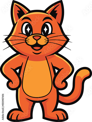 hVector illustration of a confident orange cat mascot character standing firmly with paws on hips isolated on white background.