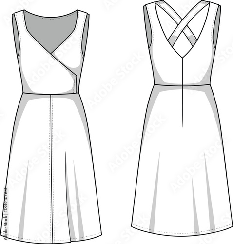 Elegant sleeveless wrap dress with cross-back straps, detailed technical fashion flat, feminine midi silhouette design, cad drawing flat vector illustration