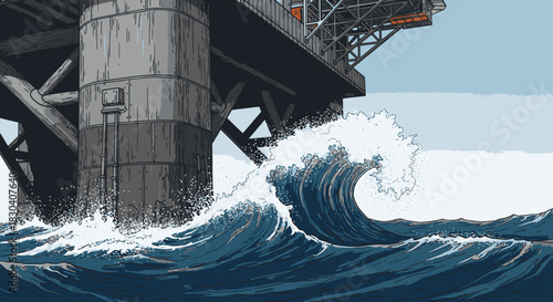 Dynamic illustration of a massive offshore drilling rig enduring the relentless impact of towering ocean waves, showcasing the raw power of the sea.