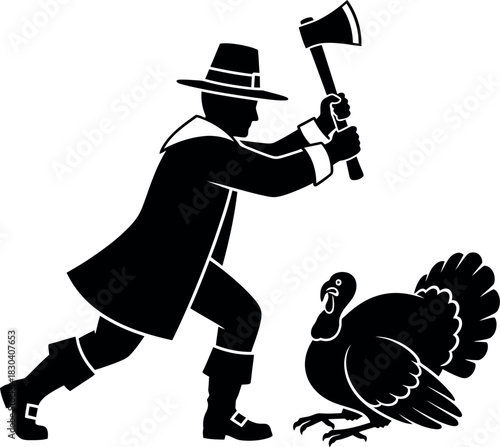 Pilgrim with axe preparing to chop turkey for thanksgiving feast