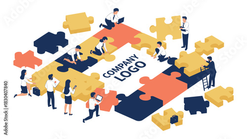 A business team works together, assembling a large jigsaw puzzle that forms their company brand.
