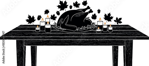 Festive holiday table with roasted turkey, candles, maple leaves