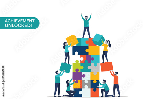 A team of people collaborates to build a colorful puzzle tower, symbolizing teamwork, success, and achievement.