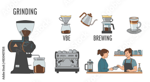 A collection of vector illustrations depicting the coffee making process, from grinding beans to a barista serving a customer.