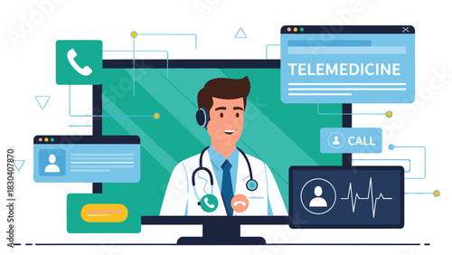 A male doctor provides a virtual consultation via a telemedicine platform on a computer screen with various interface elements.