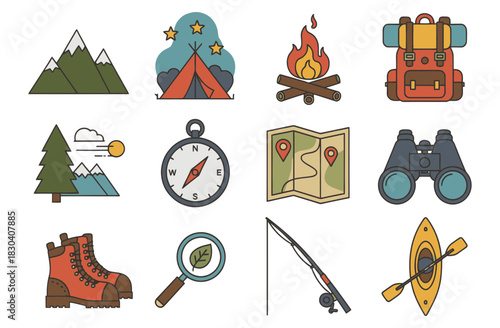 A collection of twelve colorful flat icons representing camping, hiking, and various outdoor recreational activities.