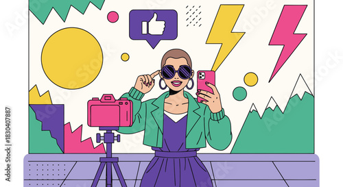 Stylish female influencer vlogging with a smartphone and camera for social media engagement.