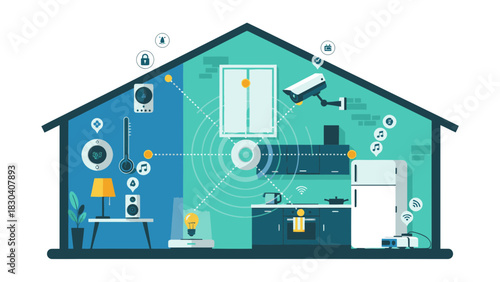 Cross-section of a modern smart home with connected devices and security system.