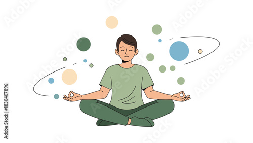 A young man meditates in a lotus position, surrounded by colorful abstract orbs representing peace and mindfulness.
