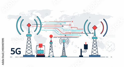 Conceptual illustration of 5G wireless network technology with communication towers and data transmission signals.