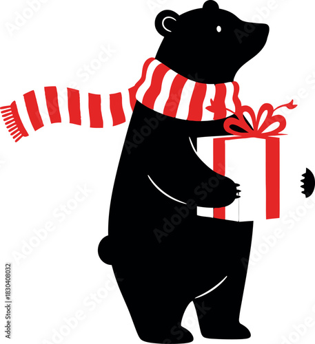 Festive black bear illustration with striped scarf and gift box