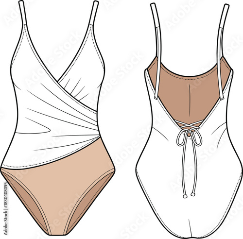 "Elegant wrap front and adjustable back tie one piece swimsuit CAD drawing, detailed flat fashion vector illustration for apparel design"