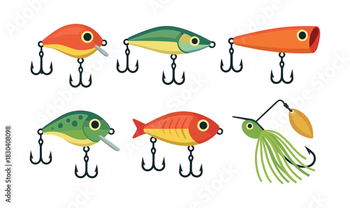 Fishing lure collection, hooks and bait, flat vector illustration