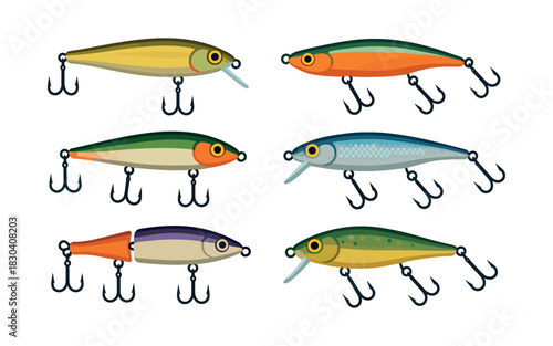 Fishing lure set, hooks, bait, flat vector illustration