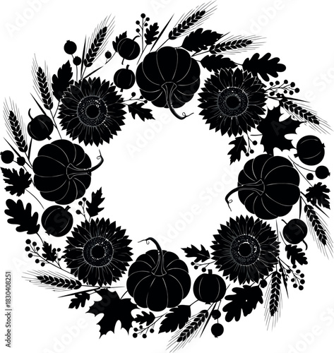 Seasonal harvest wreath silhouette with pumpkins and sunflowers