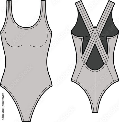Elegant one piece swimsuit fashion flat sketch with crossed back straps, technical apparel design template, minimalist monochrome illustration for clothing design presentation