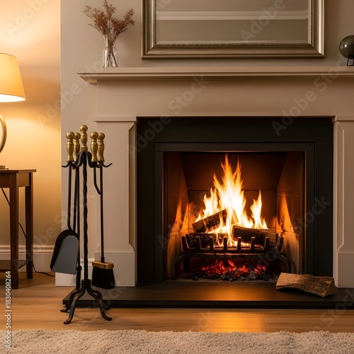 Warm fireplace glowing brightly in a cozy living room with classic hearth tools nearby
