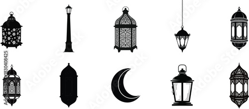 Set of ramadan lanterns and crescent moon silhouette illustration