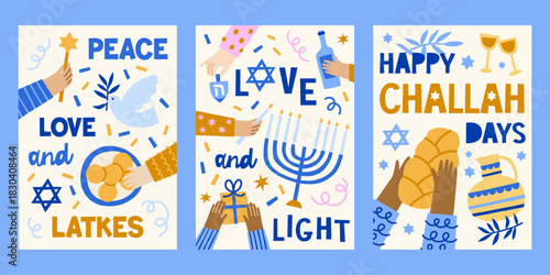 Modern Hanukkah vector cards set. Cute jewish holidays print designs with menorah, candles, star of David, challah, latkes, dove, oil jug, vine dreidel illustrations