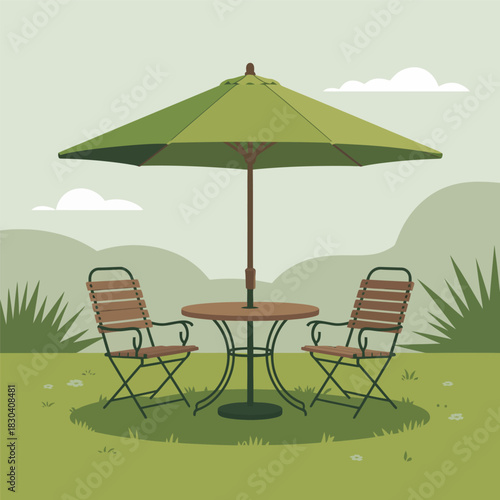 Outdoor patio with green umbrella, table, and chairs in garden