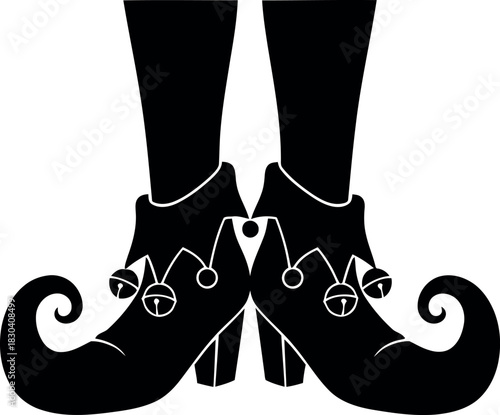 Black stylized elf or jester boots with bells and curled toes
