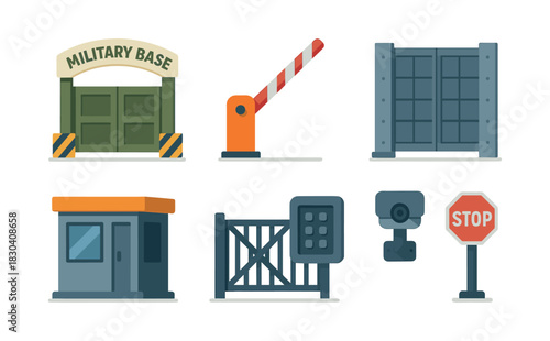 Military base elements, gate, security, stop sign, flat vector illustration