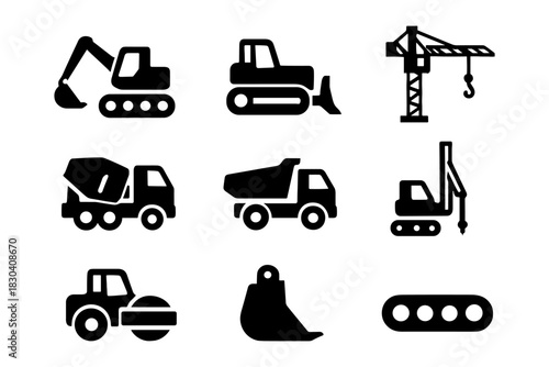 Construction equipment icons set: excavator, crane, cement mixer, bulldozer, dump truck