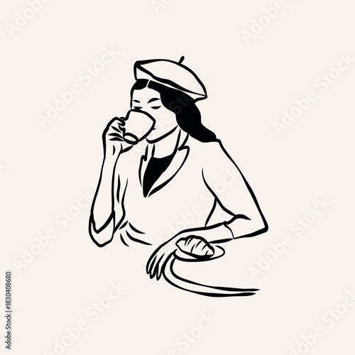 Hand drawn woman sitting at cafe and drinking coffee